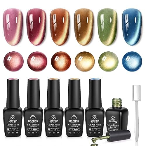 Beetles Golden Mirage Cat Eye Gel Nail Polish Set, 6 Colors Fall Gel | Glitter Gel Nail Polish Kit Pink Red Green Blue Brown Magnetic Shine Soak Off UV Salon DIY Manicure Gift for Women - Image 1