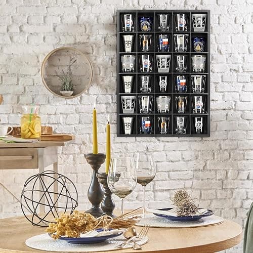 DARCKLE Shot Glass Display Case for Wall, Wood Holds Set of 30 Glasses Shot Glass Holder Display Shelf, 17'' x 12''-3'' x 2'' (Black, 1PCS) thumbnail 5