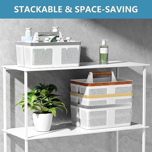 BYUNER Plastic Shower Caddy Dorm: Portable Bathroom Caddy Organizer with Handle and Holes, Cleaning Basket, Hard Shower Basket Storage Tote for Toiletry, College Dorm Room Essentials White/Silver thumbnail 5
