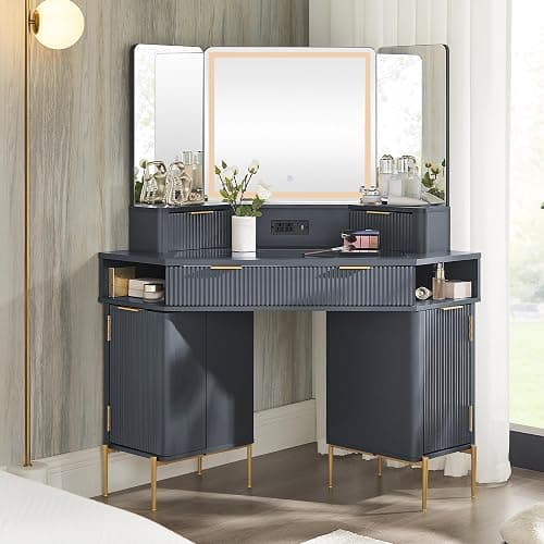T4TREAM Corner Vanity Desk with Mirror and Lights, 48" Modern Fluted Makeup Vanity with Glass Top, 3-Panel Lighted Mirror & Charging Outlet, Dressing Table with 3 Drawers & 2 Cabinets, Dark Grey - Image 1