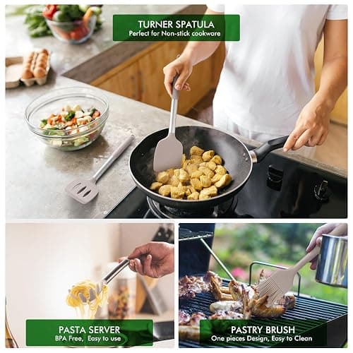 HOTEC 446°F Heat Resistant Silicone Kitchen Utensils, Cooking Utensil Set, Spatula Set, BPA Free, Kitchen Gadgets, With Stainless Steel Utensils Holder, Dishwasher Safe 14pcs Khaki thumbnail 3