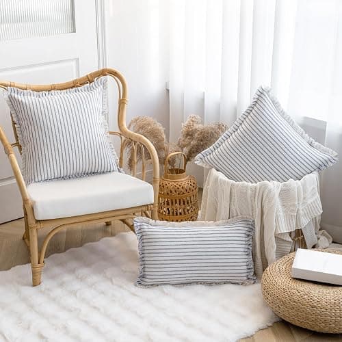 YEENAASY Throw Pillow Covers 18x18 Set of 2 Striped Fringe Pillow Cover Farmhouse Cushion Covers with Tassel Neutral Boho Pillows Decorative Square Pillowcase for Couch Sofa Bed, Blue thumbnail 2