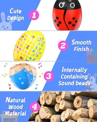 6 Pack Wooden Percussion Musical Shaker, Toddlers Stocking Stuffers, Baby Christmas Stocking Easter Basket Stuffers Egg Fillers Easter Gifts Montessori Toys for Kids Boys Girls thumbnail 5