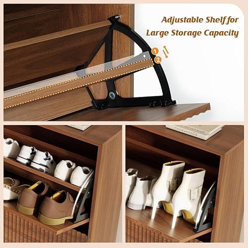 LYNCOHOME Fluted Narrow Shoe Storage Cabinet with 2 Flip Drawers, Freestanding Shoe Organizer for Entryway, Shoe Rack Cabinet with Adjustable Shelves, Walnut thumbnail 4