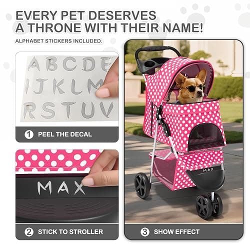MoNiBloom 3 Wheels Pet Dog Cat Stroller for Small Medium Dogs Cats, Foldable Jogger Stroller w/Storage Basket and Cup Holder, Hot Pink Polka Dots thumbnail 6