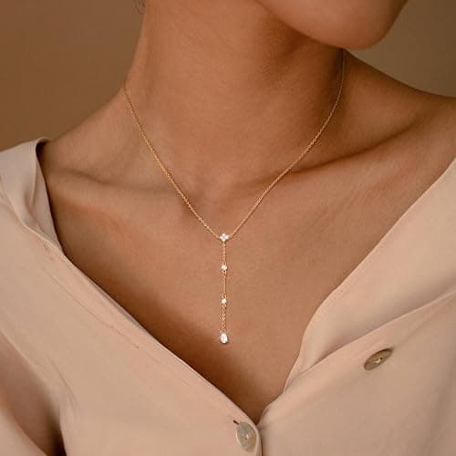 CHESKY Lariat Gold Necklace for Women Trendy, Dainty Long Necklace 14k Gold Plated/Silver Y-Shaped Pendant Necklace Layered Cz Beaded Chain Drop Necklaces Simple Gold Jewelry For Women Gift thumbnail 3