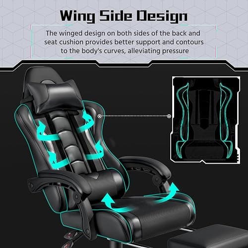 Yaheetech Gaming Chair, Video Game Chair with Massage Lumbar Support and Footrest Height Adjustable Ergonomic Computer Chair with Swivel Seat and Headrest, Full Black thumbnail 7