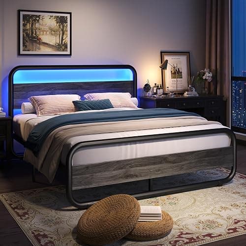 Catrimown Queen Bed Frame with LED Lights, Heavy Duty Metal Rustic Platform Bed Frame Queen Size, with Headboard, Under Bed Storage, Noise Free, No Box Spring Needed, Wash Gray thumbnail 3