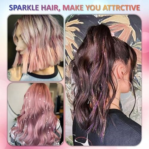 Pink Fairy Hair Tinsel Kit 48 Inches 1200 Strands with Tools and Instruction Easy to Install Glitter Tinsel Hair Extensions for Women and Girls，Shinny Sparkling Braiding Hair Accessories for Halloween Cosplay Party thumbnail 3