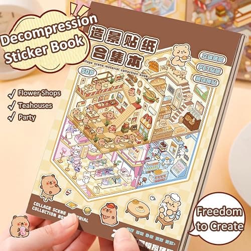 Wnqou 20 Sets DIY 3D House Stickers Collection Book, 3D Scene Miniature, Miniature Simulated Cabin Scene Game, Cute Cartoon Stickers for Adults and Kids, Fun Room Sticker Material Book for Girls thumbnail 7