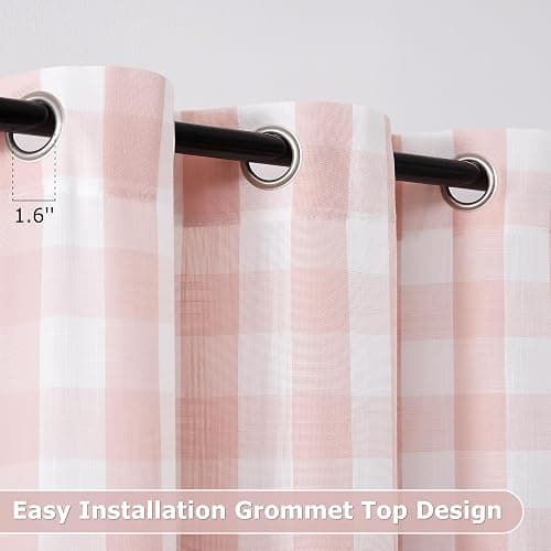 Jubilantex Buffalo Check Semi Sheer Curtain Panels Pink White Gingham Curtains Farmhouse Grommet Window Drapes for Living Room Bedroom 40"x95",2 Panels thumbnail 3