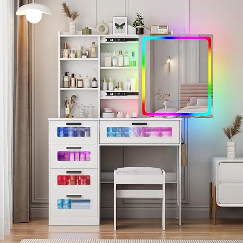 Gurexl RGB Vanity Desk with Sliding Mirror and Lights,Glass Top Makeup Vanity with Wireless Charging Station,7 Dynamic and 7 Static Dimmable Dressing Table with 5 Drawers,Shelves,Hooks,Stool thumbnail 9