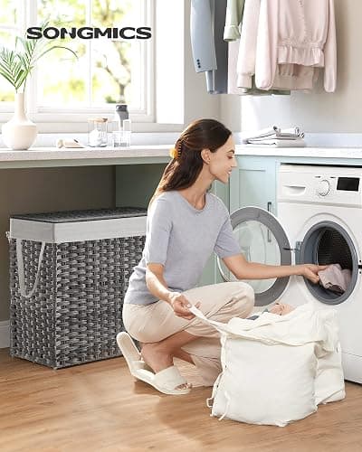 SONGMICS 130L Clothes Hamper with Lid, 2 Removable Liner Bags, 6 Mesh Bags, Wicker, Double Laundry Basket for Bathroom, 13 x 26 x 23.6 Inches, Gray ULCB253G01 thumbnail 4