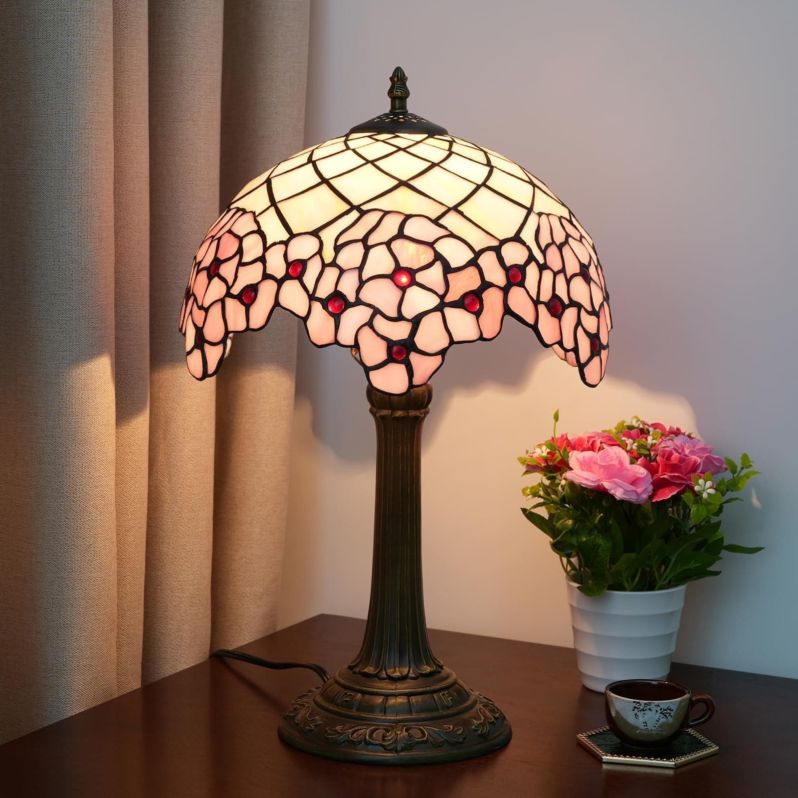 Tiffany Lampshade, Bedside Lamp, Stained Glass for Bedroom, Dorm, Living Room and Kitchen, Cute Home Aesthetic Decoration Gift, Cherry Blossom thumbnail 2