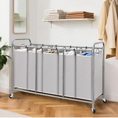 STORAGE MANIAC 5 Section Laundry Sorter, 5 Bins Rolling Separator Laundry Basket, Dirty Clothes Hamper Divider with Heavy Duty Lockable Wheels, Large Clothes Organizer Cart, Gray thumbnail 2