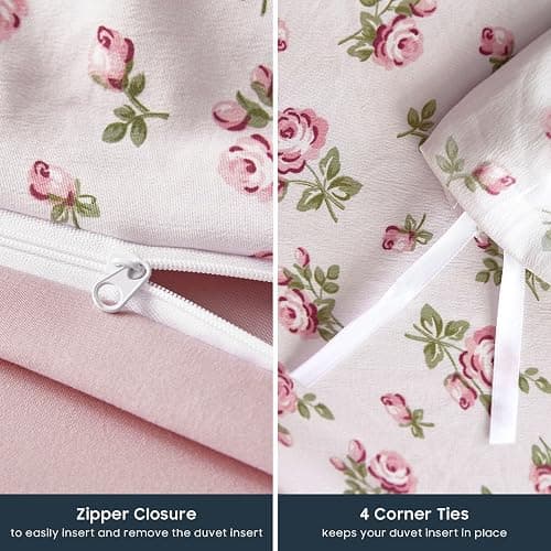 Wake In Cloud - Coquette Duvet Cover Set, Floral Cottagecore Flower Shabby Chic Cute Aesthetic, Soft Lightweight Bedding for Women Teen Girls, 3-Piece, Pink, Full Size thumbnail 7