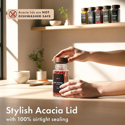 EDELHAUS® Square Spice Jars with Acacia Wooden Lid (Pack of 24) Spice Jars with Shaker Insert and 240 Labels - Acacia Lids Glass Container for Spice Organisation [4.3 in × 1.8 in] thumbnail 2