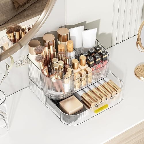 Delamu Makeup Organizer for Vanity with Stackable Drawers, 360 Rotating Makeup Brush Holder Large Cosmetic Display Case, Bathroom Skincare Storage, Crystal Clear, Ideal Christmas Gifts for Girls thumbnail 3