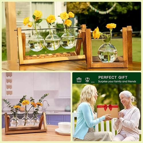 Kingbuy Plant Terrarium Propagation Station - 3 Glass Bulb Vases with Retro Wooden Stand Boho Desktop Planter for Hydroponics Home Garden Indoor Home Office Decor Unique Gifts for Women & Plant Lovers thumbnail 4