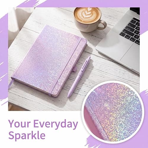 Glitter A5 Lined Notebook Hardcover, Ruled Journal No Bleed Paper Gift | Sparkling Hardcover With 192 Thick Smooth Pages. Lay-Flat Stitched Binding, Pen Loop & Elastic Band. For Daily Use. thumbnail 9