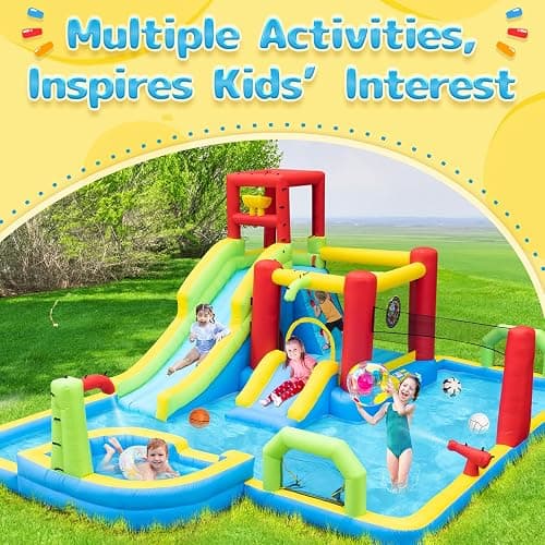 JOISTOON Inflatable Water Slides Park, Large Water Castle for Kids Fun Outdoor Jumping Inflatable Bouncers with Extra Large Pool and 2 Slides, 3 Types of Ball Games, Easy to Set Up with Air Blower thumbnail 3
