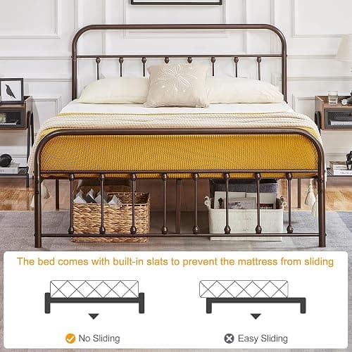 VECELO Queen Size Victorian Style Metal Bed Frame with Headboard Classic Metal Platform Bed Frame Mattress Foundation with Victorian Style Footboard/Under Bed Storage/No Box Spring Aple thumbnail 5