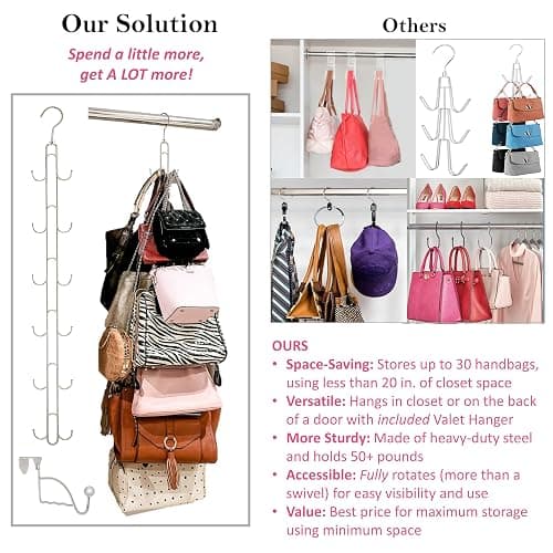 Over Door and Closet Purse Hanger Organizer- 12++ Max Purse Storage, Bag Holder Rotates 360, Quality Heavy Duty Chrome Holds 50lbs; Purses, Handbags, Totes, Crossbody, Backpacks, Fanny, Belt Bags thumbnail 3