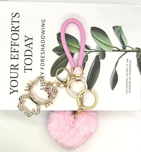 Bling Keychain for Women，Kawaii Heart Pom Pom Keychain， Versatile Accessory for Backpacks, Handbags, and Car Keys thumbnail 3