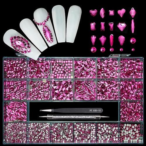 Yzzseven 14 Types of 700 Rose Pink Diamonds + 2100 Flat Rhinestones Mix 20 Styles Flatback DIY Crafts Rhinestone Crystals 3D Ornament‌s Flat Back Stones Set + Tweezers + Drill Pen - Image 1
