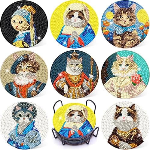 Puraikcmi 8PCs Diamond Paintings Coasters Kits Set, Funny Cat Diamond Art Coasters with Holder, DIY Crafts Diamond Art Kits Adult Craft Diamond Dots Gift - Image 1