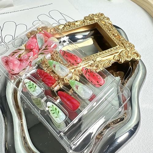 24pcs Flower Press on Nails Medium Almond Fake Nails with 3D Pink Summer Floral Designs Gradient False Nails Butterfly Glue on Nail Cute Flowers Acrylic NailsFull Cover Stick on Nails for Women thumbnail 2