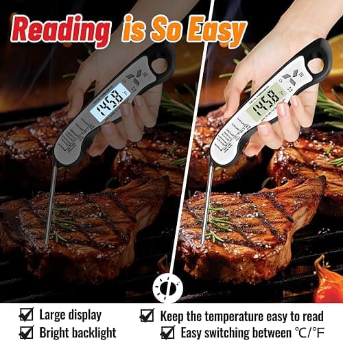 Meat Thermometer, IP67 Waterproof Digital Meat Thermometer with Backlight, Hold Function & Magnet for Grill, BBQ, Candy, Beef,Turkey thumbnail 3