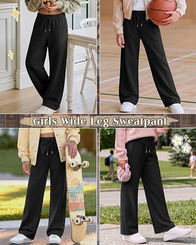 LessonZoo Girls Baggy Sweatpants Lightweight Pants | Wide Leg Pull on Athletic Jogger, Elastic Drawstring Waist and Pockets for School and Daily Wear, Casual Soft Trendy Bottoms thumbnail 2