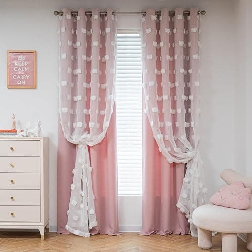 MYSKY HOME Pink Curtains for Girls Bedroom 84 Inches Long Blackout Nursery Curtains Double Layer Pom Pom Sheer Overlay Kids Toddler Room Decor Grommet Privacy Room Darkening Window Drapes 52 x 84 Inch thumbnail 9