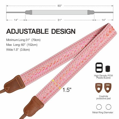 Padwa Lifestyle Speed Pink Camera Strap - 1.5" Soft Cotton Rope Weave Crazy Horse Cowhide Head Camera Straps for Photographers and All Cameras,Cute Adjustable Vintage Woven Strap for Adults & Kids thumbnail 7