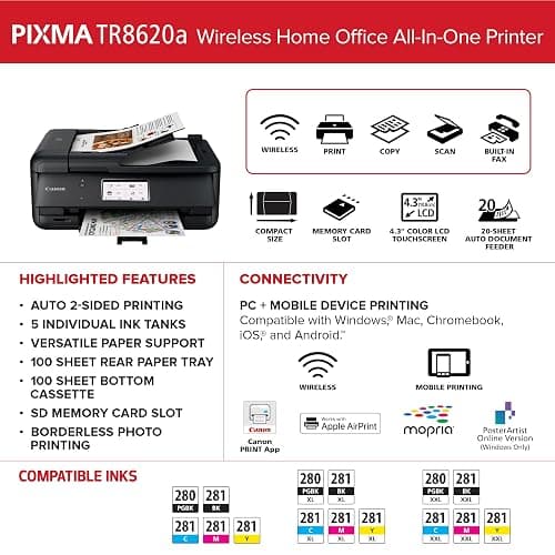 Canon PIXMA TR8620a - All-in-One Printer Home Office|Copier|Scanner|Fax|Auto Document Feeder | Photo, Document | Airprint (R), Android, Black, Works with Alexa thumbnail 6