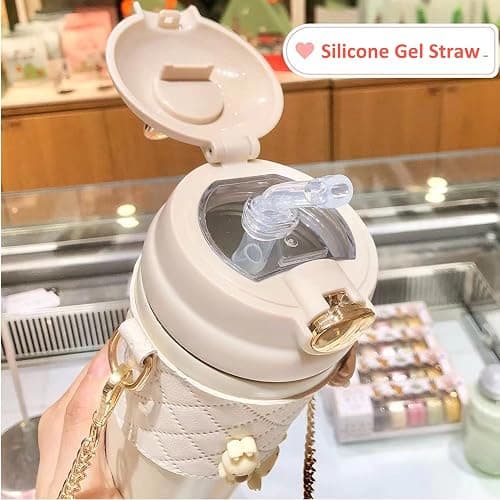 TULDYS Kawaii Water Bottle, 20 oz 580ml Rabbit Water Glass with Pearl Chain Strap, 3D Stickers Cute Aesthetic Bottle for girls for outdoor (Pink) thumbnail 3