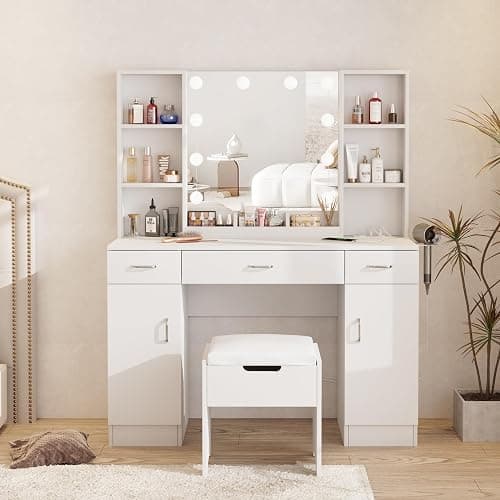 Halitaa Makeup Vanity Table with Lighted Mirror & Outlets, Large Vanity Set Vanity Desk with Lots Storage, 3 Lighting Modes, Brightness Adjustable, 45inch thumbnail 2