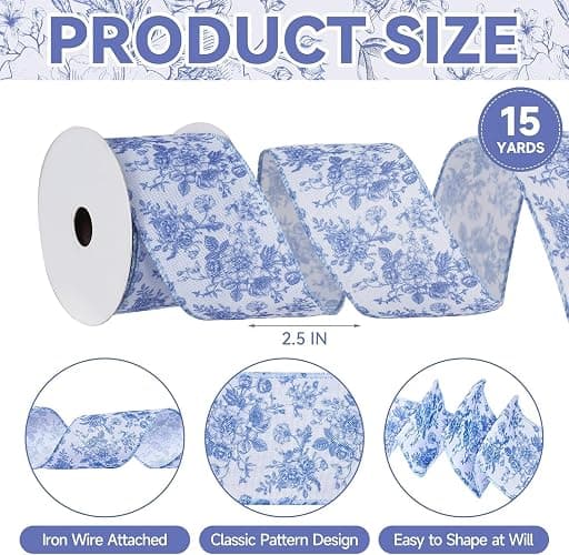 Blue Floral Wired Ribbon 2.5 Inch Vintage Flower Chinoiserie Printed Fabric Ribbon for DIY Crafts Wreath Bow Making, 15 Yards thumbnail 2
