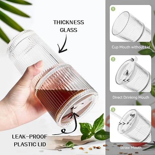 TUZAZO 20 Oz Glass Tumblers with Lids and Straws - 2 Pack Ribbed Glass Iced Coffee Cup with Straw and Lid, Thicken Glasses, Ideal for Smoothieds, Cocktails, and Juices thumbnail 4