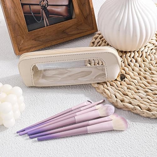 Psyqtsuary Small Clear Makeup Bag, PU Leather Travel Makeup Brush Case Portable Transparent Waterproof Cosmetic Organizer Pouch with Zipper for Women Home Travel Office Cosmetic Storage (Beige) thumbnail 4