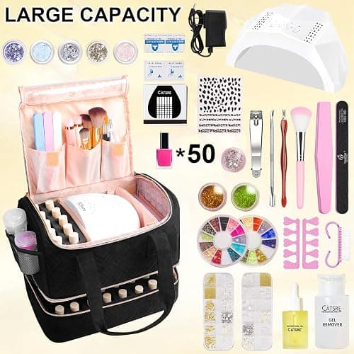 Veirdro Nail Polish Organizer Bag Holds 50 Bottles (15ml/0.5fl.oz)& Nail Lamp, Soft Velvet Nail Kit Storage Carrying Case with Shoulder Strap, Double Layer Nail Supplies Organizer Handbag Women Black thumbnail 8
