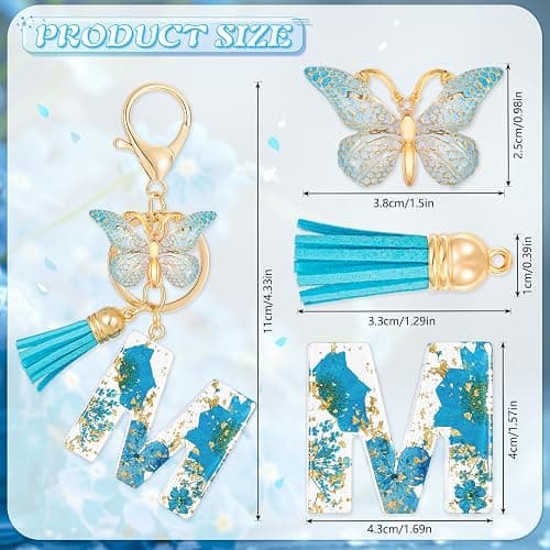 MWOOT Initial Letter Keychain Resin Alphabet Keyrings,Blue Petals Gold Foil Key Ring Charm,Cute Car Key Chain thumbnail 4