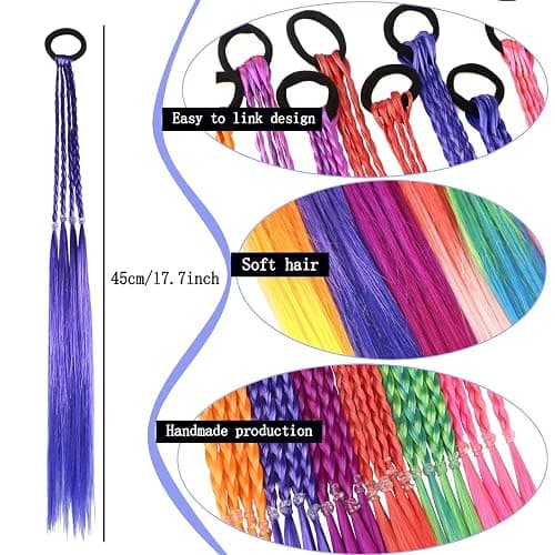 Colored Hair Extensions for Kids,Braided Ponytail Extension,Hair Accessories for Girls,colored hair braids extensions,6pcs Crazy Hair Day Accessories hair tie with (6PCS Colorful Braids) thumbnail 2