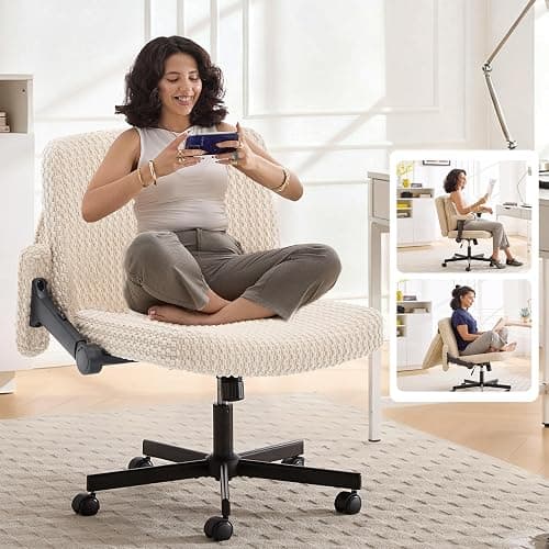 Fizzin Criss Cross Chair,Cross Legged Office Chair with Arms,Wide Office Desk Chair with Flipable Back Cushion Swivel Chair,Criss Cross Office Chair Vanity Chairs for Home Office Bedroom(Beige) - Image 1