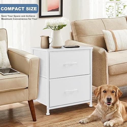 DUMOS Nightstand Small Dresser with 2 Fabric Drawers Side Tables Bedroom End Table Kids Bedside Storage Furniture for 20 inch Tall Night Stand for Closet, Entryway, College Dorm, White thumbnail 2