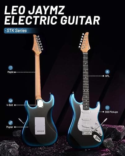 Leo Jaymz Beginner Electric Guitar Complete Kit with Portable Amp, Padded Gig Bag & Full Accessories, Maple Neck SSS Pickups (Blue-Black Fade) thumbnail 3