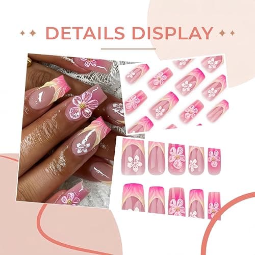 French Tip Press on Nails Medium Coffin Fake Nails with Embossed Flower Design Summer Floral Press on French Tip Nails Long Acrylic Nails Cute Glue on Nails 3D Hibiscus Stick on Nails for Women 24Pcs - embossed flowers thumbnail 2