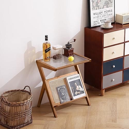 Tiita 2 Pack Rattan Side Table, Mid Century Nightstand, Bamboo Accent Bedside Tables, Glass Coffee Tables, Boho Wooden End Table with Storage for Small Space, Living Room and Bedroom thumbnail 8