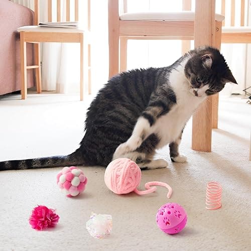 MALLMALL6 10Pcs Cat Toy Set Interactive Cat Toys Pack Including Feather Teaser Wand Cat Springs Mice Crinkle Balls and Pet Bell Balls, Puzzle Toys for Indoor Cats Gift (Pink) thumbnail 5
